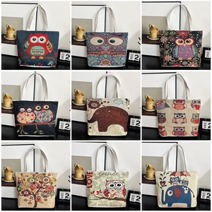 Ethnic Embroidered Canvas Tote Bag Large Capacity Owl Elephant Pattern Handheld Shoulder Shopping Bag Women Retro
