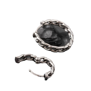 Retro punk chain hoop earrings in vintage stainless steel with black lava stone accent