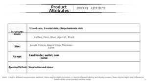 Detailed size chart and internal structure layout of the leaf pattern long wallet