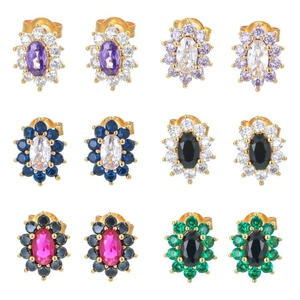 Oval Zircon Stud Earrings Copper Colorful Halo Flower Design Elegant Retro Style Jewelry For Women