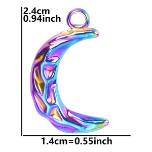 Iridescent moon pendant dimensions shown at 2.4cm height and 1.4cm width detail