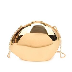 Elegant gold oval acrylic clutch bag with reflective mirror finish and chain strap