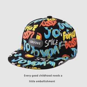 Detail of kids hip hop cap with colorful graffiti print and embossed rubber groove logo