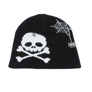 Close-up of the knitted texture with skull and spider web patterns on a black beanie