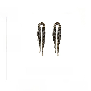 Detail view of dark rhinestone tassel earrings with 925 silver pins and dimensions info