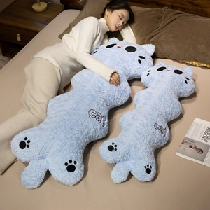 Soft blue long cat plush pillow with Cat embroidery shown in two sizes for home decor