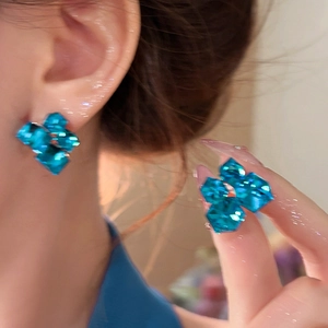 Blue Faceted Geometric Square Stud Earrings Alloy Rhinestone With Silver Earring Post For Women Fashion Elegant
