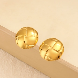 Fashionable gold round woven texture stud earrings for women with a minimalist metallic finish