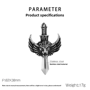 Detailed macro view of punk lion head winged dagger pendant made of stainless steel