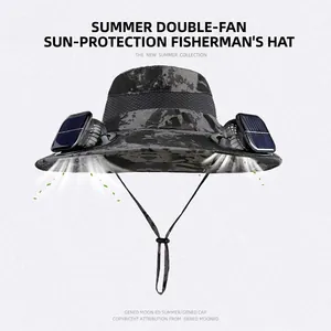 Outdoor camouflage sun hat with dual solar powered fans and adjustable chin strap