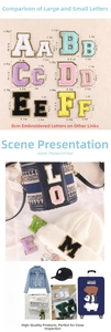Detailed view of chenille letter patches with gold glitter edges for DIY apparel decor
