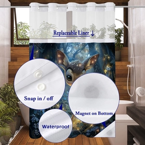 Detail of deer print shower curtain with mesh top and snap-in waterproof liner