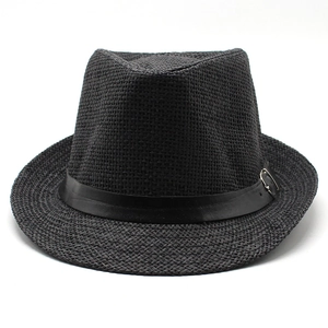 Summer black straw fedora hat with a decorative faux leather belt and metal buckle