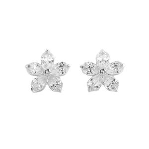 Detailed view of silver five-petal flower stud earrings featuring prong-set cubic zirconia