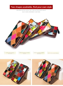Gros plan du portefeuille en cuir véritable patchwork avec motifs géométriques et zip
