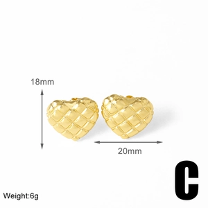 Detail view of gold heart stud earrings with quilted texture showing size 18mm by 20mm