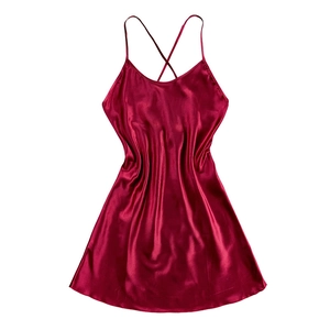 Elegant deep red satin silk nightgown with minimalist cross-back straps and smooth drape