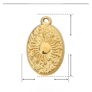 Macro shot of gold stainless steel sunburst oval pendant with size specifications