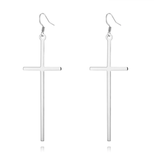 Polished silver punk style long cross drop earrings with symmetrical geometric design