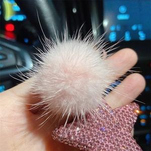 Pink mink fur pompom keychain with rhinestone star pendant for car key and bag decor