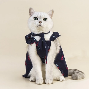 Detailed close-up of dark blue cherry print pet dress and matching bandana on a cat