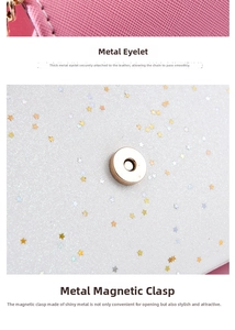 Detail of silver chain grommets and magnetic snap closure on a pink crossbody bag
