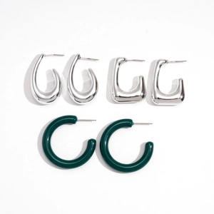 Set of 6 acrylic geometric hoop earrings in polished silver and dark green finish