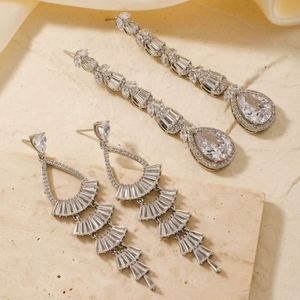 Elegant long silver tassel earrings with zircon water drop pendants for formal evening wear