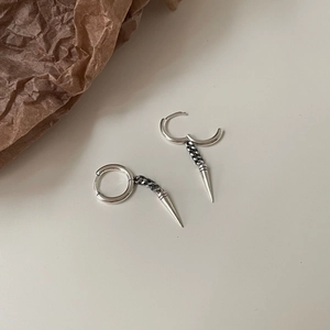 925 Sterling Silver Hoop Earrings With Long Spike Pendant Chain Minimalist Punk French Retro Style For Women
