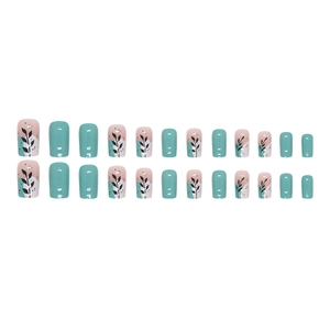 Lake blue and leaf pattern square press-on nails with minimalist summer floral design
