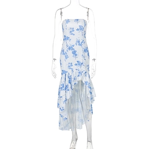Detail of floral off-shoulder dress with blue rose pattern and ruffled asymmetric hemline