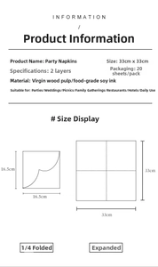 Detailed specifications of 33x33cm wood pulp Christmas party napkins with size chart