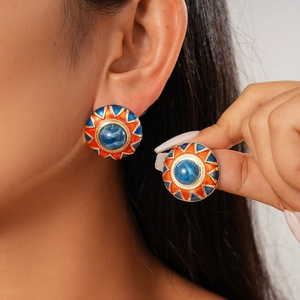 Retro Round Stud Earrings With 925 Sterling Silver Earring Post Enamel Blue Resin Geometric Sunburst Pattern Vintage