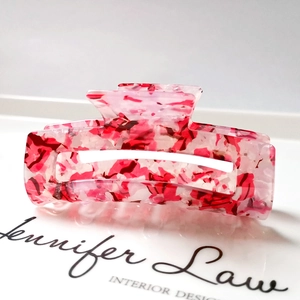 8.3cm rectangle acetate hair claw clip with pink marble floral pattern and metal spring