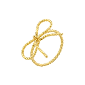 Creative twisted rope bow ring in gold finish with minimalist open sphere design