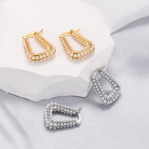 18K gold plated trapezoid hoop earrings with double rows of pearls in gold and silver