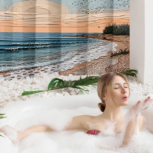 Detailed 3D sunset beach ocean wave pattern on high-quality spa style shower curtain