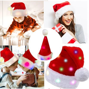 Detailed views of LED glowing plush Christmas hat showing multi-color lights and fit