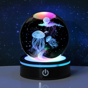 3D laser engraved jellyfish and moon crystal ball night light with black base glowing