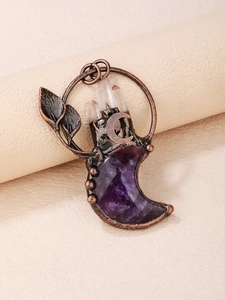 Retro bronze moon pendant with natural purple amethyst and transparent crystal cluster