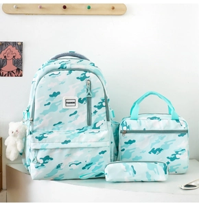 Three-piece set detail with camo school backpack lunch bag and pencil case