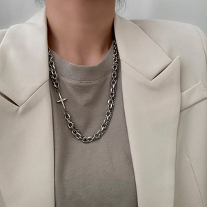 Men's hip hop silver double layer necklace with cross pendant on casual street style model