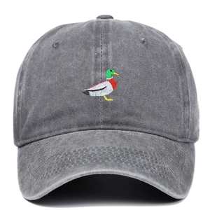 Washed dark gray baseball cap with green duck embroidery and retro vintage style