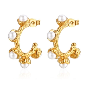 Vintage 18K gold plated stainless steel hoop earrings with five inlaid white pearls