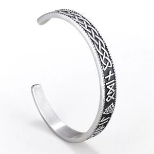 Minimalist Viking Celtic knot and rune engraved stainless steel open cuff bracelet