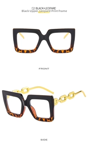 Front and side view of square glasses with black leopard frames and gold chain temples