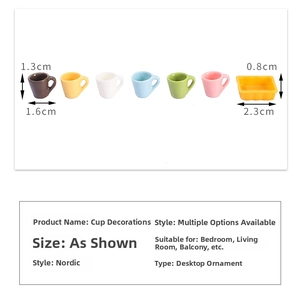 Miniature resin cups in six colors with a yellow tray for micro landscape decoration