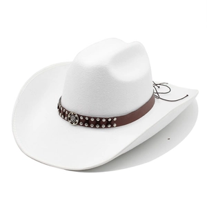 White felt western cowboy hat with brown leather band and silver studs on white background