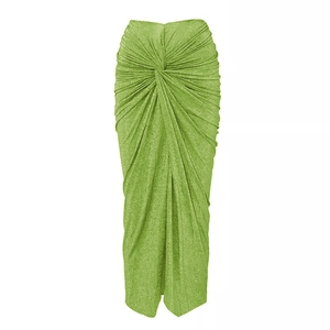 Detail of glitter fabric grass green maxi dress with front knot and ruched design