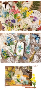 Close-up of vintage floral PET stickers including tulips and mushrooms for scrapbooking